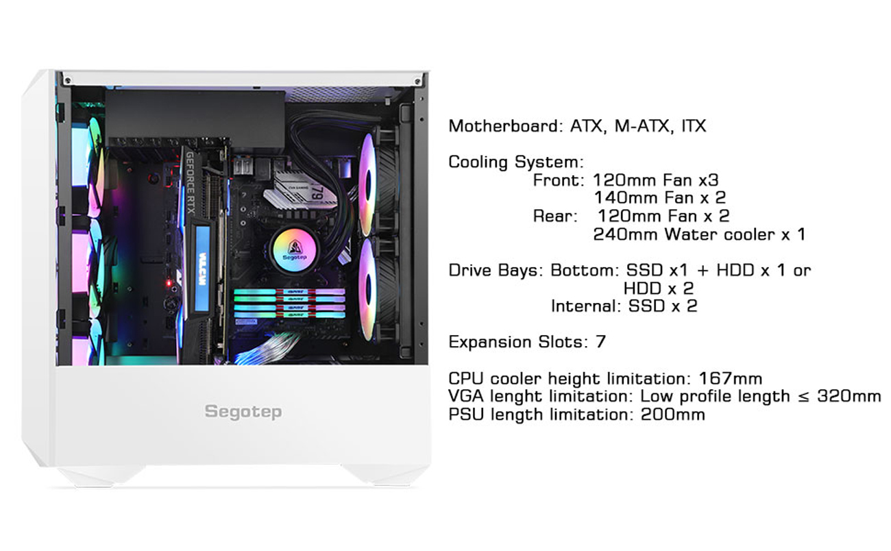 Segotep Typhon ATX White Mid Tower PC Gaming Tempered Glass Computer Case